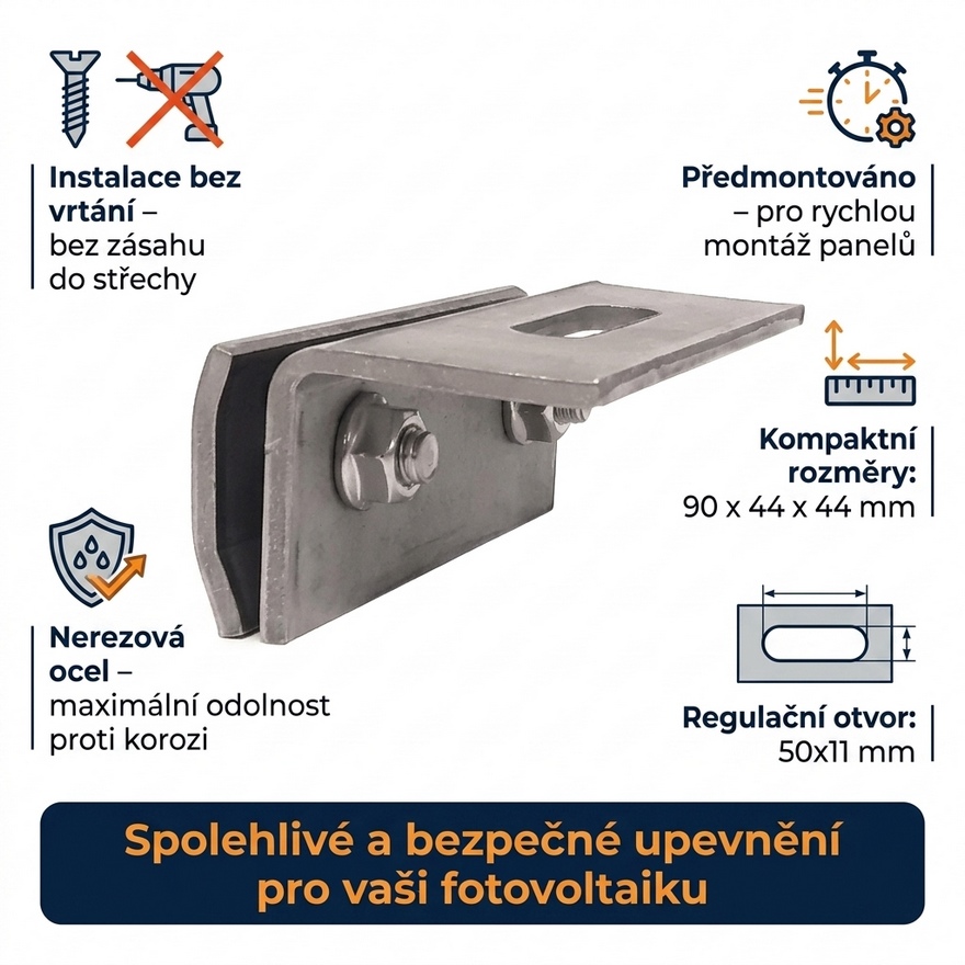 Držák na šev plechové střechy /L90 x W44 x H44/
